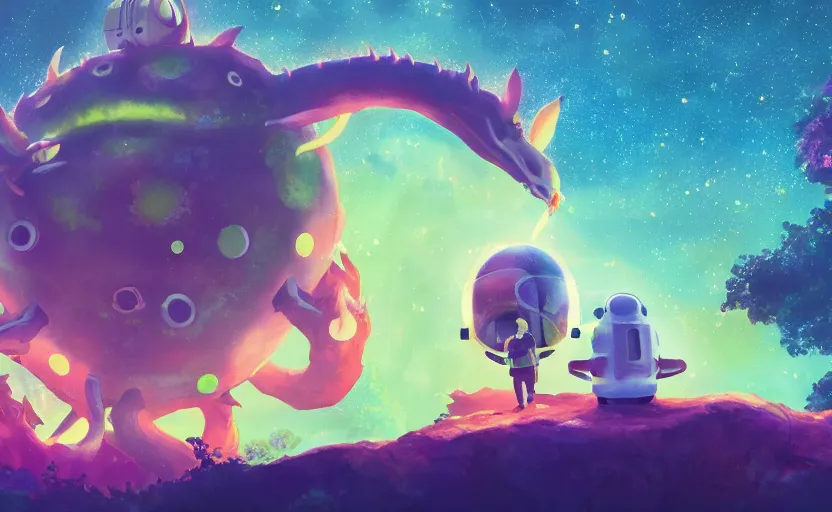 Prompt: a still of a cute adorable tiny astronaut, on a planet of lush colorful foliage, with an enormous kaiju dragon in the background, magical forest, sharp focus, neon backlit, highly detailed, disney pixar studio ghibli makoto shinkai, digital painting, matte, octane render, global illumination, iridescent, anime, 8 k concept art