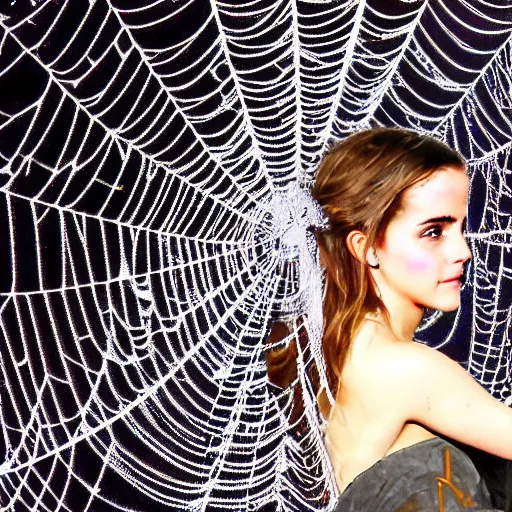 Image similar to emma watson trapped in a giant spider web