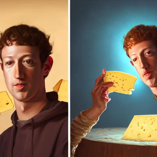 Prompt: mark zuckerberg eating an entire wheel of cheese, highly detailed vfx portrait, unreal engine, greg rutkowski, loish, rhads, caspar david friedrich, makoto shinkai and lois van baarle, ilya kuvshinov, rossdraws, elegent, tom bagshaw, alphonse mucha, global illumination, detailed and intricate environment.