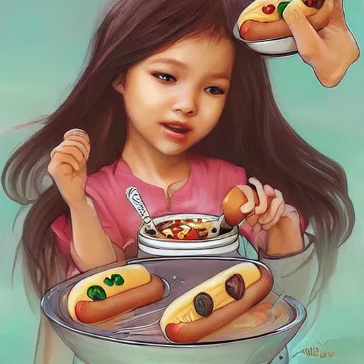 Image similar to hot dogs and yogurt is a messy meal, wlop, artgerm, mucha