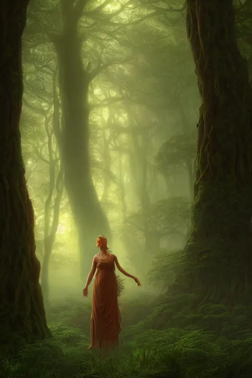 Prompt: forest god, in a mystic grove, illustration, chaotic, lush, forest soul, mist, druid child, opalescent night background, colossal, volumetric lighting, soft lighting, soft details, painting oil on canvas by Edmund Blair Leighton and charlie bowater octane render, HDR, trending on artstation, 4k, 8k, HD