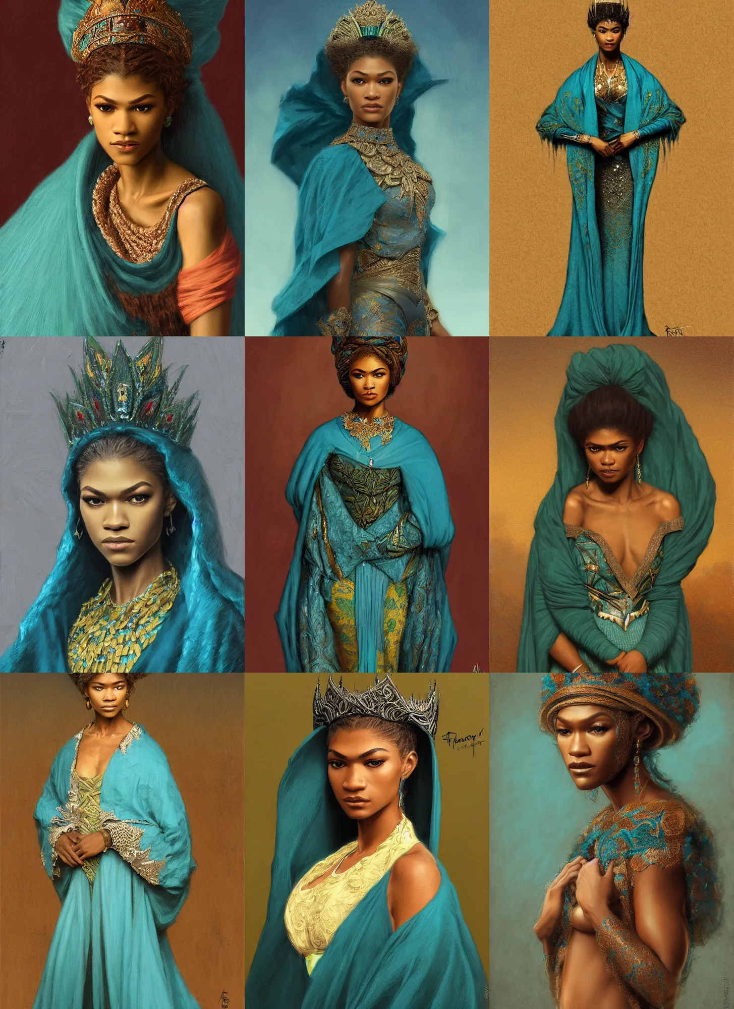 Prompt: portrait 60 yo zendaya nigerian queen, teal cape, intricate, elegant, highly detailed, digital painting, artstation, concept art, smooth, sharp focus, illustration, orientalism, edwin long, theodore ralli, aleksi briclot, rutkowski, bouguereau