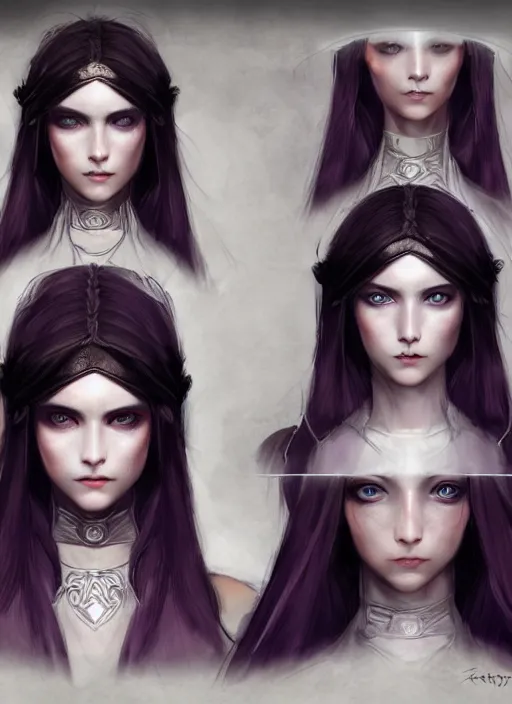 Image similar to full body concept art sheet, photorealistic symmetrical beautiful teenage face, symmetric eyes, female priestess with shiny hair wearing full intricate clothing, temple, godray, intricate, cg society, Elden Ring, darksouls, bloodborne