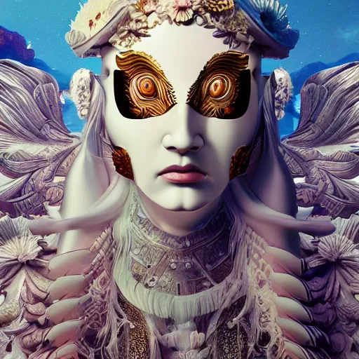 Image similar to 3 d goddess close - up profile portrait russian with ram skull. beautiful intricately detailed japanese crow kitsune mask and clasical japanese kimono. betta fish, jellyfish phoenix, bio luminescent, plasma, ice, water, wind, creature, artwork by tooth wu and wlop and beeple and greg rutkowski