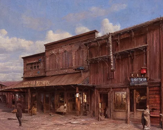 Image similar to from a movie scene, painting of a western saloon exterior in old town, gregory crewdson, beksinski, cinematic