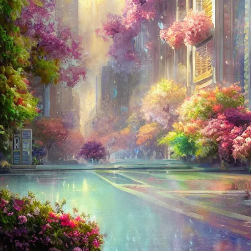 Image similar to a painting of an art - deco cityscape surrounded by flowers, a watercolor and matte painting by mark keathley and mandy jurgens and charlie bowater, cgsociety, artdeco, utopia art, bold colors, sci - fi, artstation hq