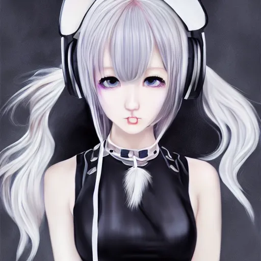 Image similar to realistic detailed semirealism beautiful gorgeous cute Blackpink Lalisa Manoban white hair white cat ears blue eyes, wearing black camisole maid outfit, headphones, black leather choker full HD 4K high resolution quality WLOP, Aztodio, Taejune Kim, Guweiz, Pixiv, Instagram, Artstation