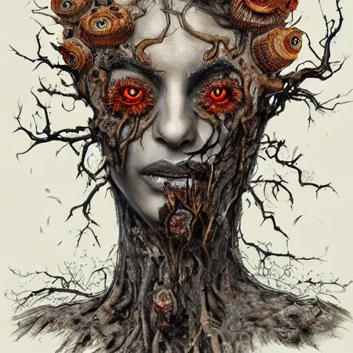 Image similar to rotten tree spirit dryad with a beautiful face and flaming mouth and eyes + mushrooms + fungi + lichen + sketch lines + graphite texture + old parchment + guillermo del toro concept art + justin gerard monsters, intricate ink illustration