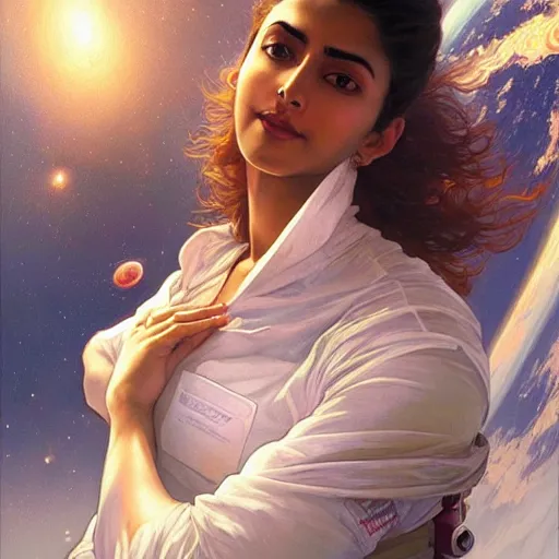 Image similar to Sensuous good looking pale young Indian doctors wearing jeans in a space station above Earth, portrait, elegant, intricate, digital painting, artstation, concept art, smooth, sharp focus, illustration, art by artgerm and greg rutkowski and alphonse mucha