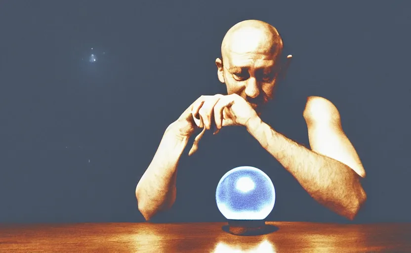 Prompt: wizard seated in dimly lit study, holding hand over a crystal ball, crystal ball glowing blue