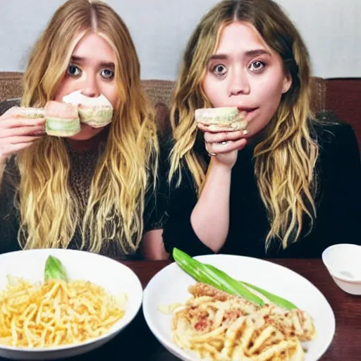 Prompt: obese mary kate and ashley olsen eating mukbang