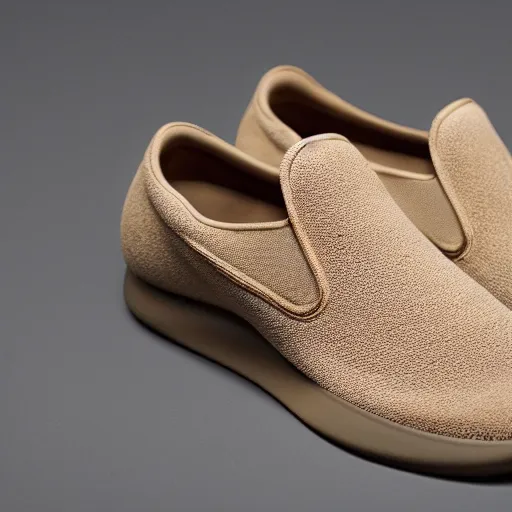 Image similar to a distinctively curved silhouette desert sand color shoe, upper of the shoe is made from a lightweight foam material and has holes, which gives the shoe its unique look. the desert sand color foam material used on the midsole and outsole of the shoe, foam - based slip - on shoe, designed by kanye west, studio lighting, studio portrait