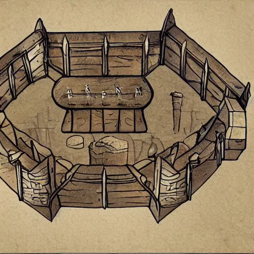 Prompt: Sketch from above of a medieval tavern with one floor, a counter, four round tables and a fireplace, dungeon 6 dragons, high fantasy setting, map