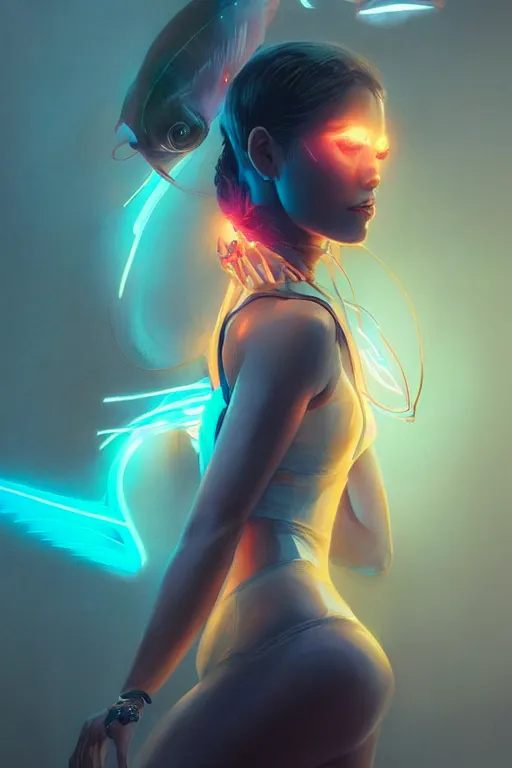 Prompt: portrait of a girl with a biomechanic scale fish and neon light by Artgerm and Greg Rutkowski , digital painting, highly detailed, trending on artstation
