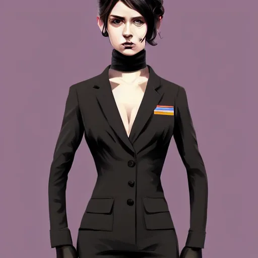 Image similar to young british special ops female in black tuxedo, muted colors, matte print, pastel colors, 2d, ultra highly detailed, smooth, sharp focus, digital art, digital painting, fan art, elegant, artstation, head is centered, by Ilya Kuvshinov