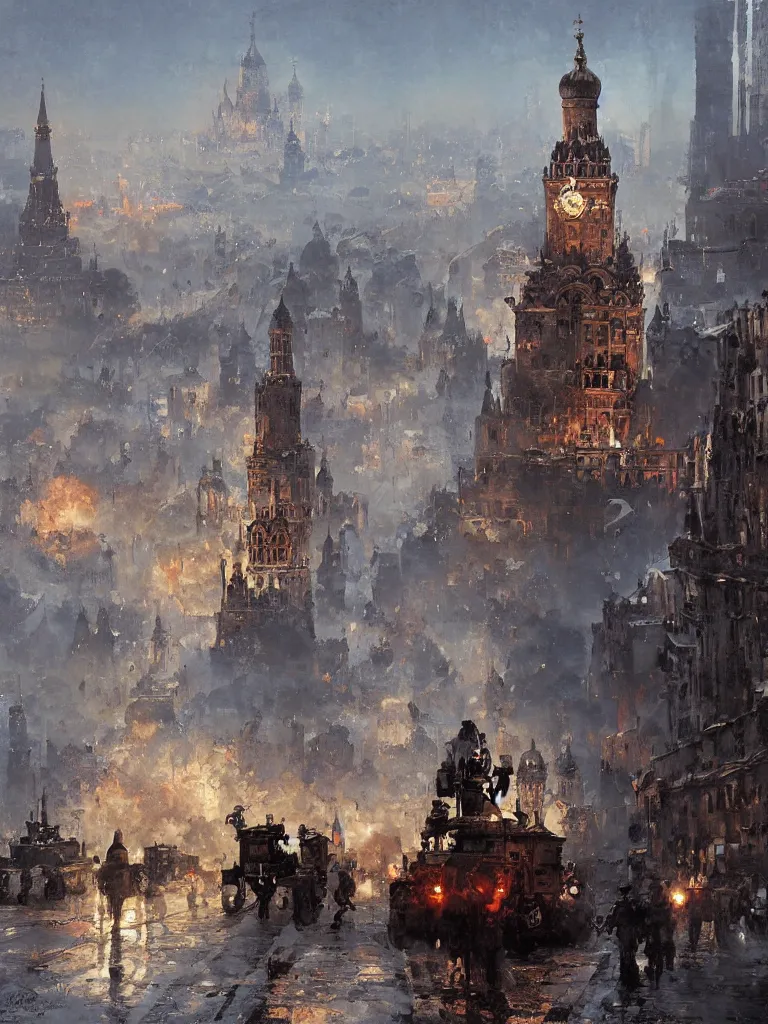 Image similar to russian revolution dieselpunk 1 9 1 0 cityscape, kremlin, painting by greg rutkowski, craig mullins, ilsted, levitan, rozalski