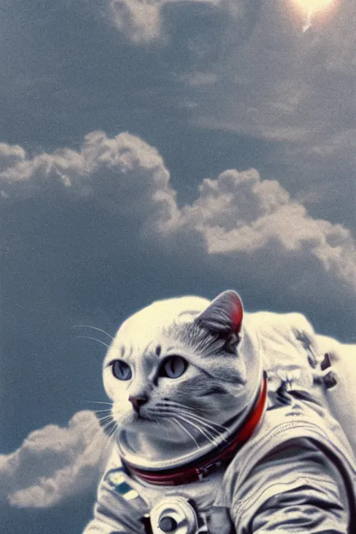 Prompt: vintage analog photograph of a cat in a spacesuit during the first moon landing, with gigantic clouds visible in the sky, heavy film grain, red color bleed, rich azure tones