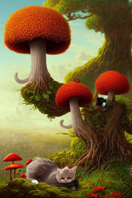 Image similar to a beautiful digital illustration painting of a detailed fantasy cats and roots, mushroom, flowers by benoit b. mandelbrot, steven belledin, martin johnson heade, lee madgwick, caspar david friedrich, and david rios ferreira. 8 k resolution trending on artstation concept art digital illustration