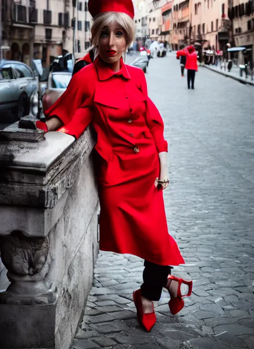 Image similar to color Close-up portrait of a beautiful 35-year-old Italian woman, wearing a red outfit, candid street portrait in the style of Mario Testino award winning, Sony a7R