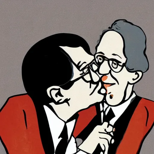 Image similar to caricature illustration of woody allen french - kissing a giant silver spoon