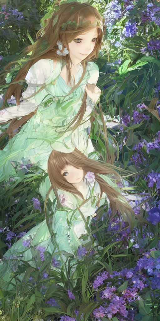 Image similar to a digital art of a loli with long hair in a dress in the privet garden at after noon, green and warm theme, blue accents, by krenz cushart and mucha and akihito yoshida and greg rutkowski and makoto shinkai, low angle, long shot, back lighting, detailed eyes, 4 k resolution, trending on art station