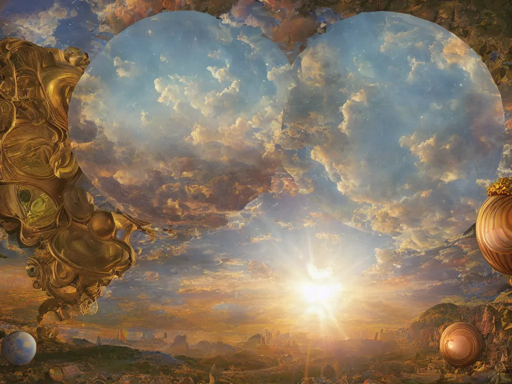 Image similar to 3 d render, sunlight study, the universe is a spheroid region 7 0 5 meters in diameter, sunlight study, art nouveau, 3 d render, by jan davidz de heem and frederic edwin church and ( ( ( ( ( lisa frank ) ) ) ) )