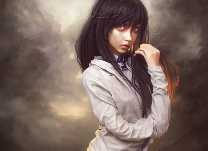 Image similar to a beautiful woman with school uniform, seifuku, pleated miniskirt, overknee socks, adriana lima, painted by artgerm and tom bagshaw, fantasy art, dramatic lighting, highly detailed oil painting, volumetric lighting