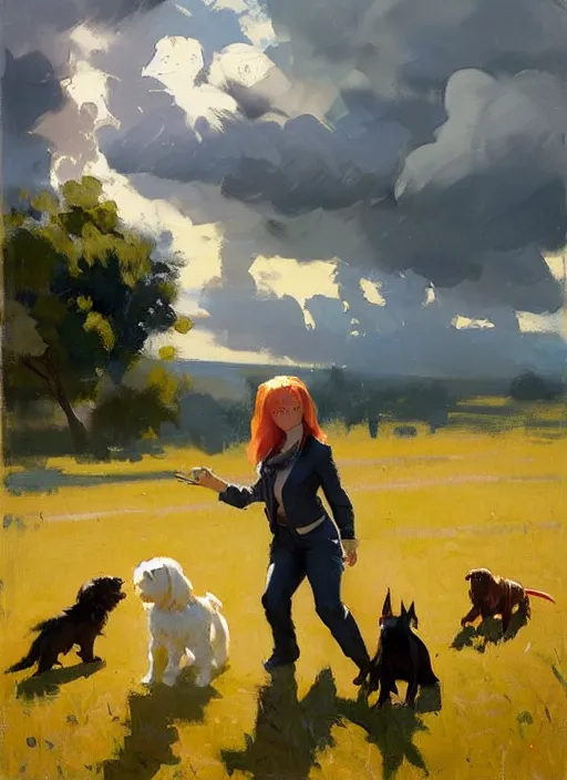 Image similar to Greg Manchess painting of Zero Two in casual wear out playing with the dogs, countryside, fantasy character portrait, dynamic pose, above view, sunny day, thunder clouds in the sky, artwork by Jeremy Lipkin and Giuseppe Dangelico Pino and Michael Garmash and Rob Rey, very coherent asymmetrical artwork, sharp edges, perfect face, simple form, wacky, 100mm