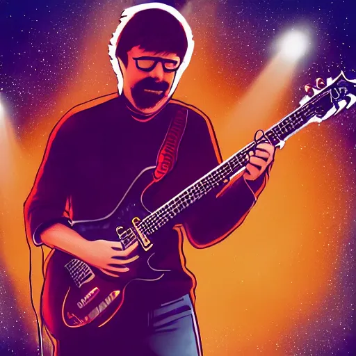 Image similar to a Trey Anastasio guitarist playing so intensely there is electricity shooting out from his guitar, energy beams under his finger tips, and magic sparkles from the freboard, amazing ditial art, trending on artstation, featured on deviantart