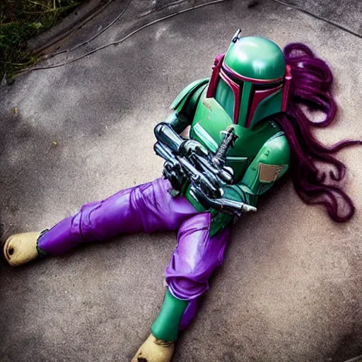 Image similar to boba fett wearing flip flops with purple hair in a sewer, selfie, vintage