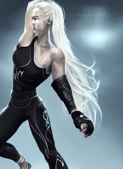 Prompt: a highly detailed illustration of fierce ponytail platinum blonde woman wearing black mma gear and gloves, dramatic powerful kicking pose, perfect face, fairly muscular, athletic, intricate, elegant, highly detailed, centered, digital painting, artstation, concept art, smooth, sharp focus, league of legends concept art, WLOP