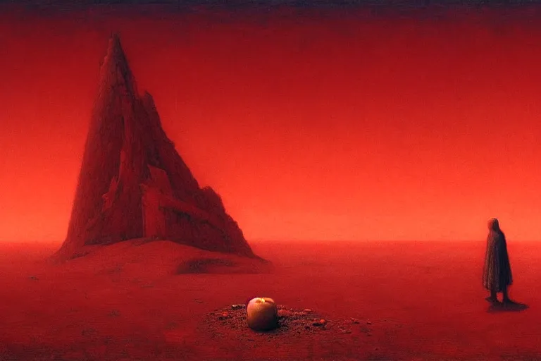 Image similar to only with red, red god of death eat apple, a futuristic city on mars in the background, an ancient path, in the style of beksinski, part by hopper, part by rodcenko, part by hofbauer, intricate composition, red by caravaggio, insanely quality, highly detailed, masterpiece, red light, artstation, 8 k