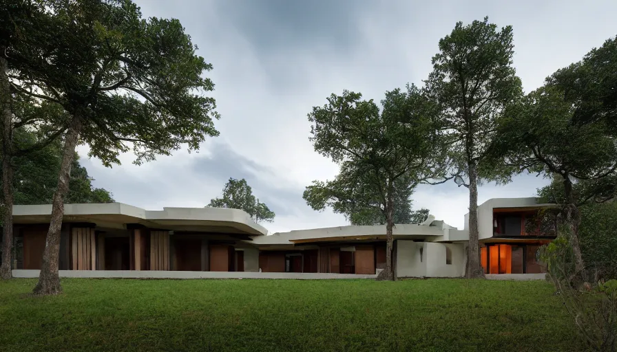 Prompt: modern villa, tibetan inspired architecture, on a green hill between trees, frank lloyd wright, photorealistic, cyberpunk