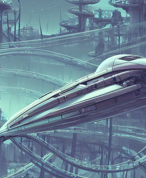 Image similar to simplicity, elegance, a roller coaster made out of simple organic forms, in the style of a streamlined asymmetrical spaceship, bleak apocalyptic environment, by dan mumford, yusuke murata, makoto shinkai, ross tran, cinematic, unreal engine, cel shaded, featured on artstation, pixiv