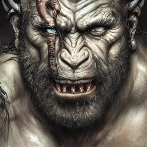 Image similar to portrait of a young ruggedly handsome hulking herculean orc bugbear demon barbarian, male, masculine, upper body, night black hair, fantasy, frown, war face paint, intricate, elegant, highly detailed, digital painting, artstation, concept art, matte, sharp focus, illustration, art by artgerm and greg rutkowski and alphonse mucha