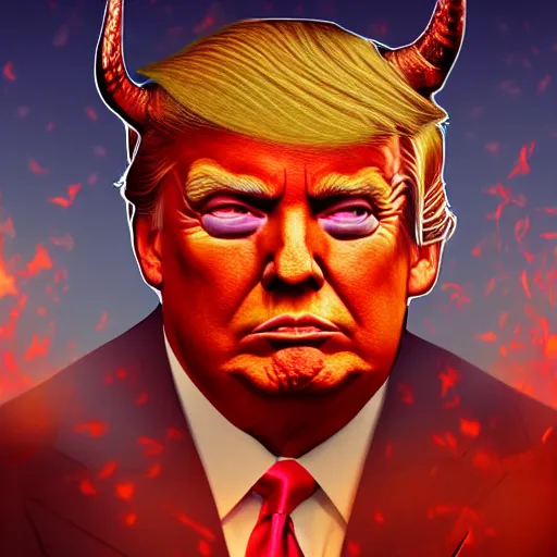 Prompt: a portrait of a gigantic donald trump as a demon in a fiery hell, eerie, dark, magical, fantasy, trending on artstation, digital art.