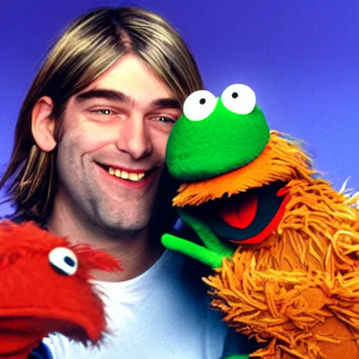Prompt: Happy Kurt Cobain at Sesame Street with Big Bird and Elmo and Kermit The Frog, studio lights, sharp detail n -4