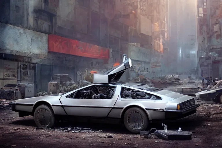 Image similar to highly detailed photorealistic rendering of a delorean parked on the streets of a cyberpunk abandoned city, driver side gullwing door is open, futuristic post - apocalyptic vibe, by greg rutkowski and stanley artgerm and alphonse mucha, octane, sharp focus, hyperrealistic, unreal engine 5, vray, masterpiece
