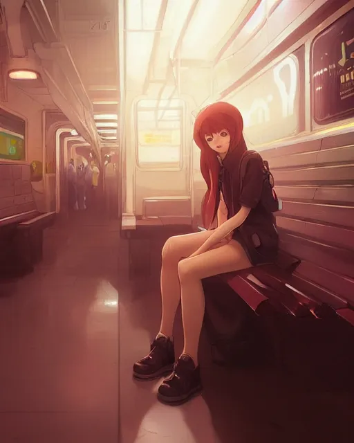 Image similar to a lonely girl sitting on a subway, full shot, ambient lighting, detailed shading, by makoto shinkai, stanley artgerm lau, wlop, rossdraws