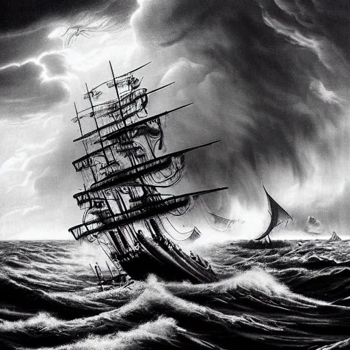 Image similar to a highly detailed hyperrealistic scene of a ship being attacked by giant squid tentacles, jellyfish, squid attack, dark, voluminous clouds, thunder, stormy seas, pirate ship, dark, high contrast, black and white, red, fiery storm