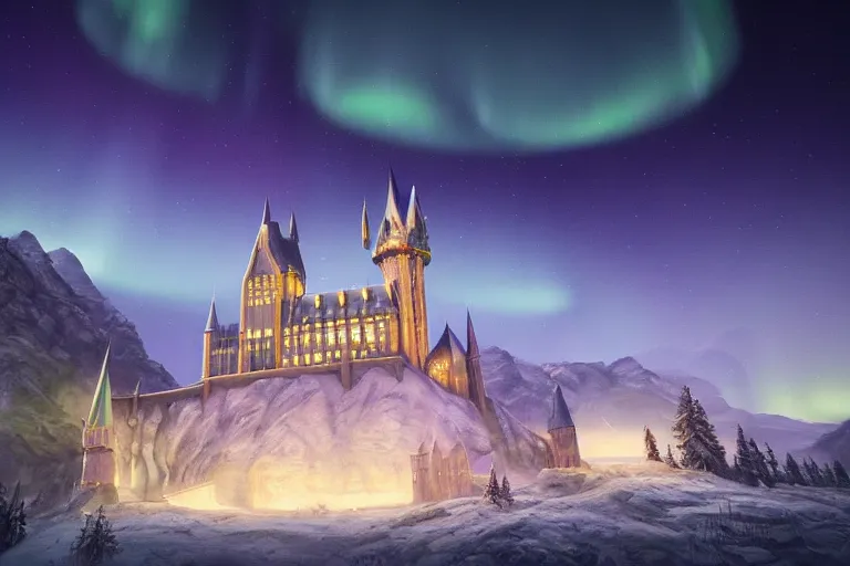 Prompt: mysterious painting of Hogwarts under the northern lights, immaculate scale, hyper-realistic, Unreal Engine, Octane Render, digital art, trending on Artstation, 16k, detailed, atmospheric, immaculate