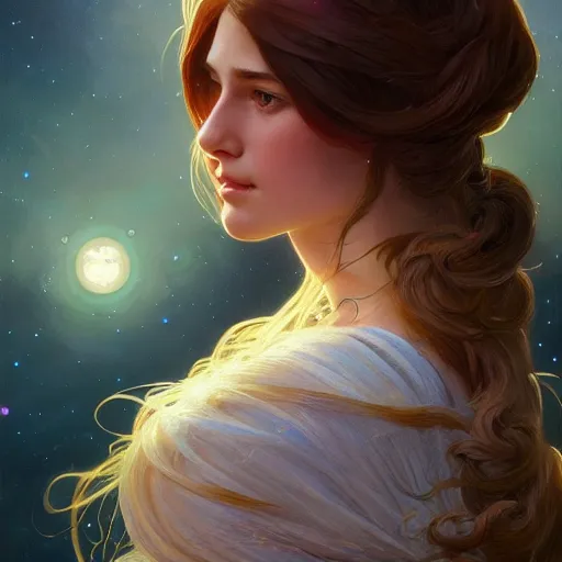 Image similar to girl with super long hair, hair becoming bright stars, intricate, highly detailed, digital painting, artstation, concept art, smooth, sharp focus, illustration, unreal engine 5, 8 k, art by artgerm and greg rutkowski and alphonse mucha