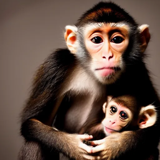 Image similar to a artsy photograph of a baby monkey holding a cute puppy, by annie leibowitz, sharp focus, studio light