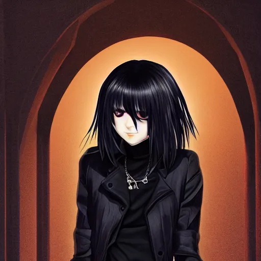 Image similar to 1 7 - year - old goth girl, black hair, long bob cut, long bangs, gothic coat, dark hallways, soft lighting, glowing keypads, orange keypads, roman pillars, strong lighting, strong shadows, vivid hues, ultra - realistic, sharp details, subsurface scattering, intricate details, hd anime, 2 0 1 9 anime