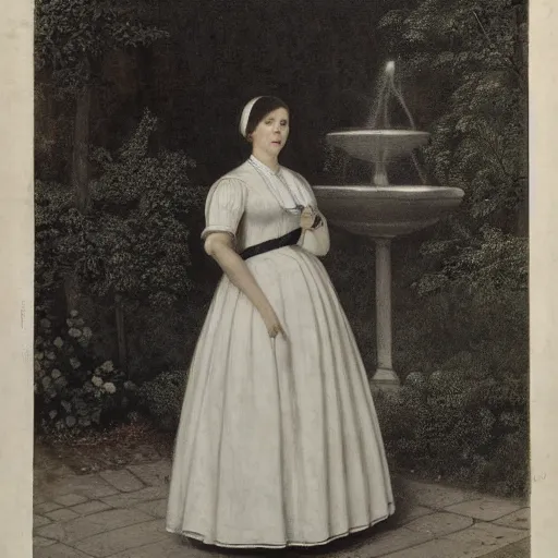 Prompt: a full body portrait of a young woman in maid uniform standing in front of a fountain in a park, very detailed, by William-Adolphe