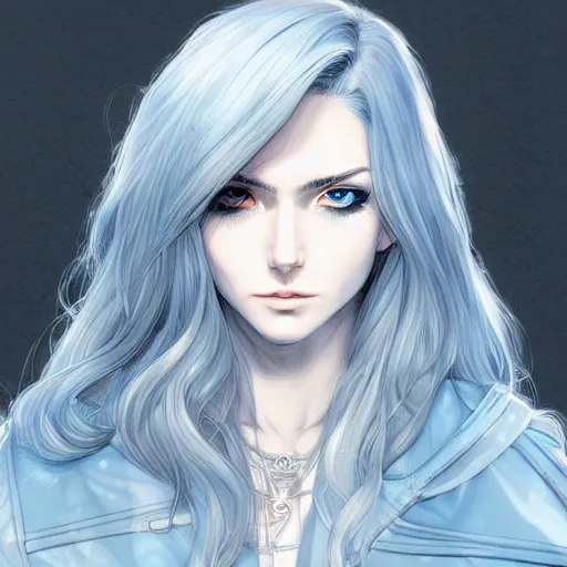 Image similar to cryomancer, flowing white hair, blue eyes, parka, androgynous, beautiful, detailed symmetrical close - up portrait, intricate complexity, in the style of artgerm and ilya kuvshinov, cel - shaded