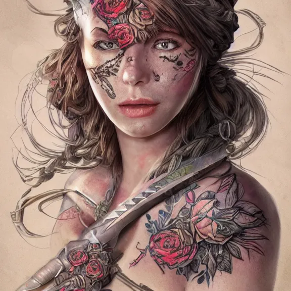 Prompt: christine henderson as a female warrior, body covered in floral tattoos, d & d, fantasy, highly detailed, digital art, trending on artstation, smooth, sharp focus, illustration, art by peter tang and artgem