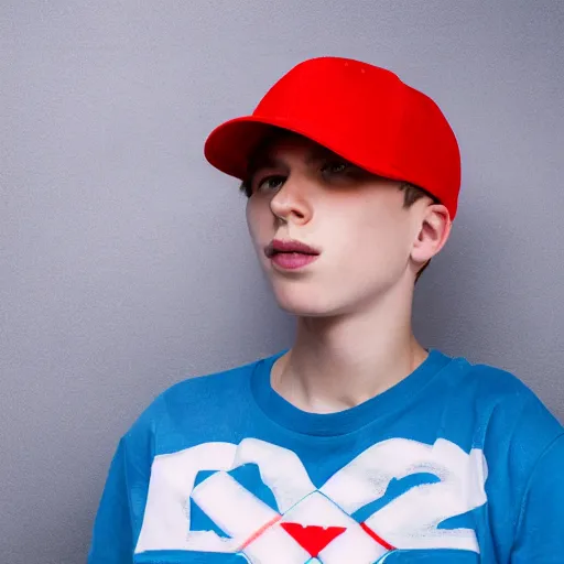 Prompt: a portrait of an american teenage boy with cyan colored hair, wearing a red backwards cap with a blue brim, white t - shirt with a red no symbol on it, blue long pants and red shoes, holding a microphone, studio lighting, photoshoot, grey backdrop