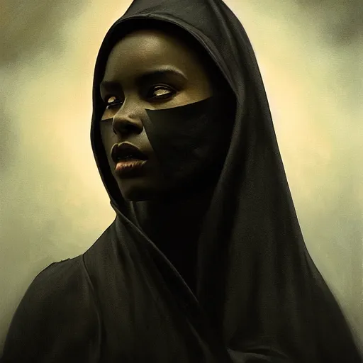 Image similar to a portrait of a young black woman wearing a long dark cloak, hood and shadows covering face, anatomically correct, beautiful perfect face, enigmatic, oil painting, matte painting, black background, Volumetric dynamic lighting, Highly Detailed, Cinematic Lighting, Unreal Engine, 8k, HD, by Beksinski