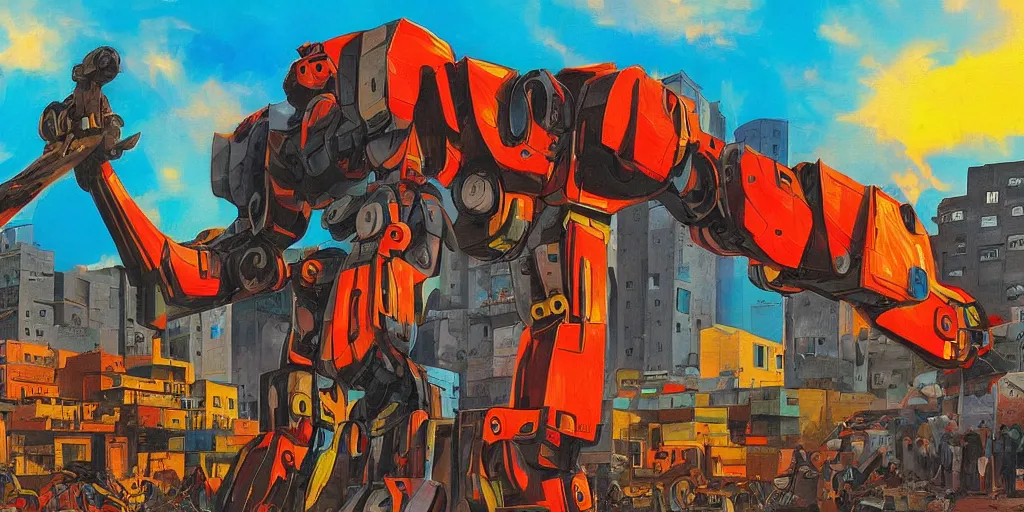 Prompt: colourful - damaged - giant mecha ROBOT of AJEGUNLE SLUMS in Lagos, markings on robot, Golden Hour, in the style Alex ross,